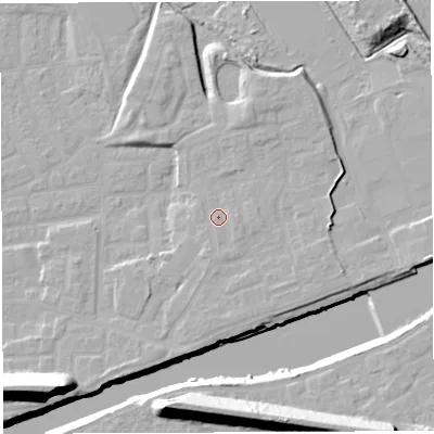 Shaded relief map of the ground around WA41GB, computed from Environment Agency LiDAR. The ground here sits at about 11 m above sea level and falls 22 m across the surrounding 800 m. Surface water reaching this point runs off ground lying to the east-south-east, 1.7 m higher.