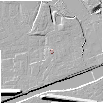 Shaded relief map of the ground around WA41GD, computed from Environment Agency LiDAR. The ground here sits at about 11 m above sea level and falls 22 m across the surrounding 800 m. Surface water reaching this point runs off ground lying to the east-south-east, 1.7 m higher.
