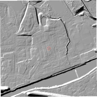 Shaded relief map of the ground around WA41GE, computed from Environment Agency LiDAR. The ground here sits at about 11 m above sea level and falls 22 m across the surrounding 800 m. Surface water reaching this point runs off ground lying to the east, 1.9 m higher.