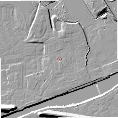 Shaded relief map of the ground around WA41GF, computed from Environment Agency LiDAR. The ground here sits at about 11 m above sea level and falls 22 m across the surrounding 800 m. Surface water reaching this point runs off ground lying to the east, 1.9 m higher.