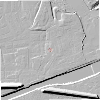 Shaded relief map of the ground around WA41GL, computed from Environment Agency LiDAR. The ground here sits at about 11 m above sea level and falls 22 m across the surrounding 800 m. Surface water reaching this point runs off ground lying to the south-south-east, 1.5 m higher.