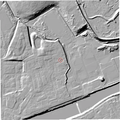 Shaded relief map of the ground around WA41GN, computed from Environment Agency LiDAR. The ground here sits at about 12 m above sea level and falls 14 m across the surrounding 800 m. Surface water reaching this point runs off ground lying to the north, 0.6 m higher.