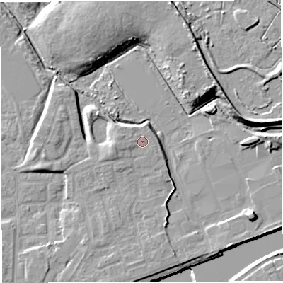 Shaded relief map of the ground around WA41GP, computed from Environment Agency LiDAR. The ground here sits at about 12 m above sea level and falls 14 m across the surrounding 800 m. Surface water reaching this point runs off ground lying to the west, 1.1 m higher.