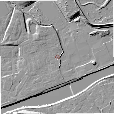Shaded relief map of the ground around WA41GQ, computed from Environment Agency LiDAR. The ground here sits at about 12 m above sea level and falls 22 m across the surrounding 800 m. Surface water reaching this point runs off ground lying to the north-east, 1.7 m higher.