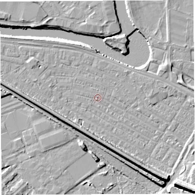 Shaded relief map of the ground around WA41HA, computed from Environment Agency LiDAR. The ground here sits at about 7 m above sea level and falls 14 m across the surrounding 800 m. Surface water reaching this point runs off ground lying to the south-east, 11.2 m higher.