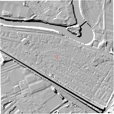 Shaded relief map of the ground around WA41HB, computed from Environment Agency LiDAR. The ground here sits at about 7 m above sea level and falls 13 m across the surrounding 800 m. The ground contributing surface water to this point lies to the east-north-east.