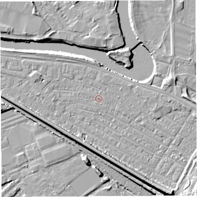 Shaded relief map of the ground around WA41HD, computed from Environment Agency LiDAR. The ground here sits at about 7 m above sea level and falls 13 m across the surrounding 800 m. The ground contributing surface water to this point lies to the north-east.
