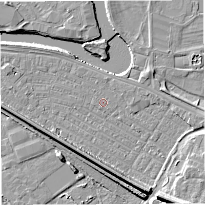 Shaded relief map of the ground around WA41HE, computed from Environment Agency LiDAR. The ground here sits at about 7 m above sea level and falls 14 m across the surrounding 800 m. Surface water reaching this point runs off ground lying to the south, 0.5 m higher.