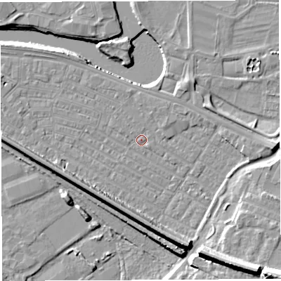 Shaded relief map of the ground around WA41HF, computed from Environment Agency LiDAR. The ground here sits at about 7 m above sea level and falls 16 m across the surrounding 800 m. Surface water reaching this point runs off ground lying to the south-east, 12.1 m higher.