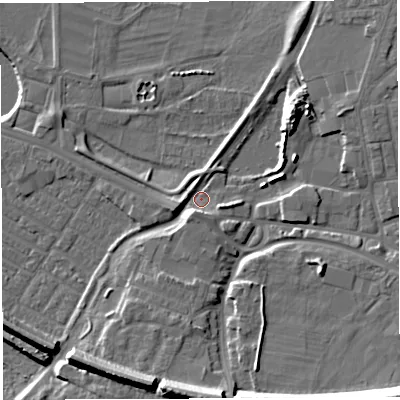 Shaded relief map of the ground around WA41HN, computed from Environment Agency LiDAR. The ground here sits at about 8 m above sea level and falls 17 m across the surrounding 800 m. Surface water reaching this point runs off ground lying to the south-east, 14.5 m higher.