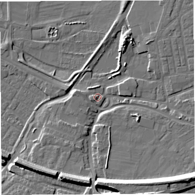 Shaded relief map of the ground around WA41HR, computed from Environment Agency LiDAR. The ground here sits at about 9 m above sea level and falls 17 m across the surrounding 800 m. Surface water reaching this point runs off ground lying to the west-south-west, 1.9 m higher.