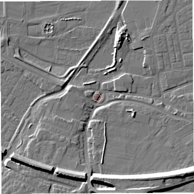 Shaded relief map of the ground around WA41HS, computed from Environment Agency LiDAR. The ground here sits at about 9 m above sea level and falls 17 m across the surrounding 800 m. Surface water reaching this point runs off ground lying to the south-south-east, 15.3 m higher.