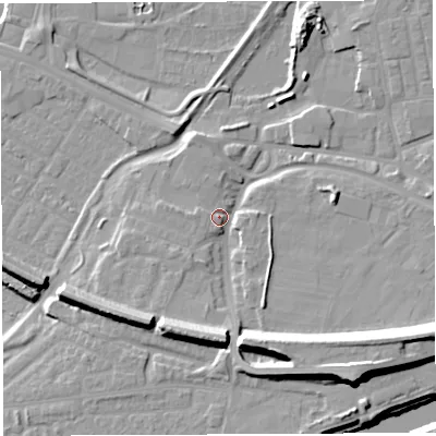 Shaded relief map of the ground around WA41HT, computed from Environment Agency LiDAR. The ground here sits at about 10 m above sea level and falls 20 m across the surrounding 800 m. Surface water reaching this point runs off ground lying to the south-east, 15.3 m higher.