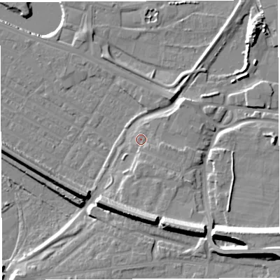 Shaded relief map of the ground around WA41HY, computed from Environment Agency LiDAR. The ground here sits at about 9 m above sea level and falls 19 m across the surrounding 800 m. Surface water reaching this point runs off ground lying to the south-east, 2.2 m higher.