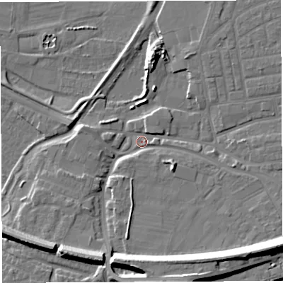 Shaded relief map of the ground around WA41JE, computed from Environment Agency LiDAR. The ground here sits at about 8 m above sea level and falls 17 m across the surrounding 800 m. Surface water reaching this point runs off ground lying to the south-east, 14.6 m higher.