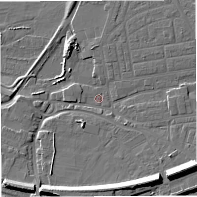 Shaded relief map of the ground around WA41JG, computed from Environment Agency LiDAR. The ground here sits at about 8 m above sea level and falls 19 m across the surrounding 800 m. The ground contributing surface water to this point lies to the north-north-west.