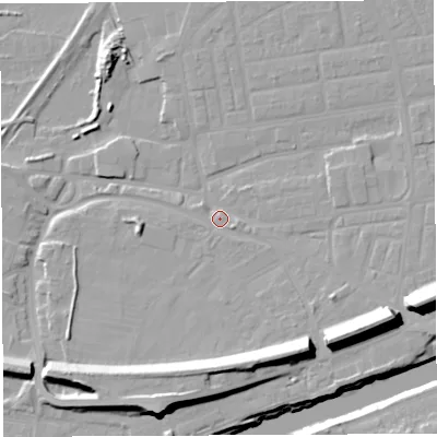 Shaded relief map of the ground around WA41JH, computed from Environment Agency LiDAR. The ground here sits at about 9 m above sea level and falls 19 m across the surrounding 800 m. Surface water reaching this point runs off ground lying to the east-south-east, 15.3 m higher.