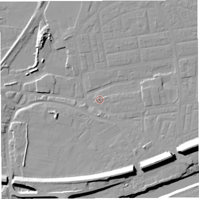 Shaded relief map of the ground around WA41JJ, computed from Environment Agency LiDAR. The ground here sits at about 9 m above sea level and falls 20 m across the surrounding 800 m. Surface water reaching this point runs off ground lying to the east-north-east, 1.2 m higher.