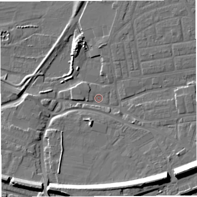 Shaded relief map of the ground around WA41JP, computed from Environment Agency LiDAR. The ground here sits at about 8 m above sea level and falls 19 m across the surrounding 800 m. Surface water reaching this point runs off ground lying to the south-east, 15.5 m higher.