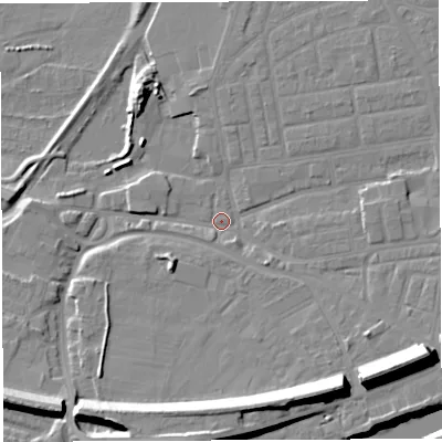 Shaded relief map of the ground around WA41JQ, computed from Environment Agency LiDAR. The ground here sits at about 8 m above sea level and falls 19 m across the surrounding 800 m. Surface water reaching this point runs off ground lying to the east-south-east, 15.6 m higher.