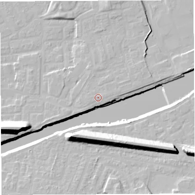 Shaded relief map of the ground around WA41NJ, computed from Environment Agency LiDAR. The ground here sits at about 12 m above sea level and falls 22 m across the surrounding 800 m. Surface water reaching this point runs off ground lying to the east-north-east, 0.7 m higher.