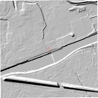 Shaded relief map of the ground around WA41NN, computed from Environment Agency LiDAR. The ground here sits at about 12 m above sea level and falls 22 m across the surrounding 800 m. Surface water reaching this point runs off ground lying to the west, 1.5 m higher.