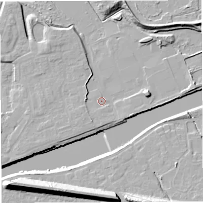 Shaded relief map of the ground around WA41NP, computed from Environment Agency LiDAR. The ground here sits at about 11 m above sea level and falls 22 m across the surrounding 800 m. Surface water reaching this point runs off ground lying to the south-west, 0.6 m higher.