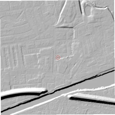 Shaded relief map of the ground around WA41NT, computed from Environment Agency LiDAR. The ground here sits at about 10 m above sea level and falls 22 m across the surrounding 800 m. Surface water reaching this point runs off ground lying to the south-south-east, 2.3 m higher.