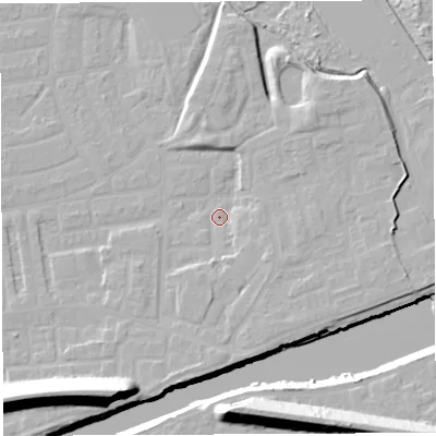Shaded relief map of the ground around WA41NX, computed from Environment Agency LiDAR. The ground here sits at about 9 m above sea level and falls 22 m across the surrounding 800 m. Surface water reaching this point runs off ground lying to the north-east, 5.3 m higher.