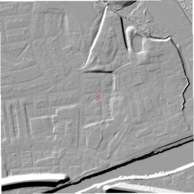 Shaded relief map of the ground around WA41NY, computed from Environment Agency LiDAR. The ground here sits at about 9 m above sea level and falls 22 m across the surrounding 800 m. Surface water reaching this point runs off ground lying to the north-east, 5.3 m higher.