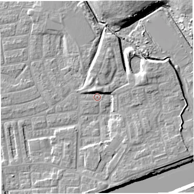 Shaded relief map of the ground around WA41NZ, computed from Environment Agency LiDAR. The ground here sits at about 9 m above sea level and falls 12 m across the surrounding 800 m. Surface water reaching this point runs off ground lying to the north, 3.5 m higher.