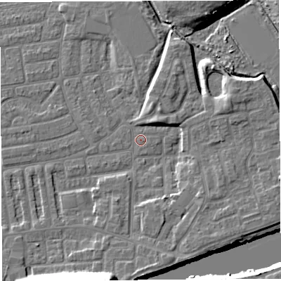 Shaded relief map of the ground around WA41PA, computed from Environment Agency LiDAR. The ground here sits at about 9 m above sea level and falls 21 m across the surrounding 800 m. Surface water reaching this point runs off ground lying to the south-south-west, 17.6 m higher.