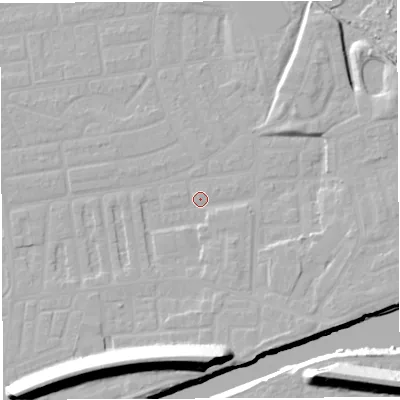 Shaded relief map of the ground around WA41PB, computed from Environment Agency LiDAR. The ground here sits at about 9 m above sea level and falls 22 m across the surrounding 800 m. Surface water reaching this point runs off ground lying to the south, 17.4 m higher.