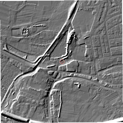 Shaded relief map of the ground around WA41PH, computed from Environment Agency LiDAR. The ground here sits at about 7 m above sea level and falls 16 m across the surrounding 800 m. Surface water reaching this point runs off ground lying to the south-east, 15.3 m higher.