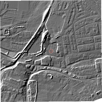 Shaded relief map of the ground around WA41PL, computed from Environment Agency LiDAR. The ground here sits at about 8 m above sea level and falls 17 m across the surrounding 800 m. The ground contributing surface water to this point lies to the east-south-east.