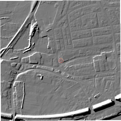 Shaded relief map of the ground around WA41PN, computed from Environment Agency LiDAR. The ground here sits at about 9 m above sea level and falls 19 m across the surrounding 800 m. Surface water reaching this point runs off ground lying to the east, 2.9 m higher.