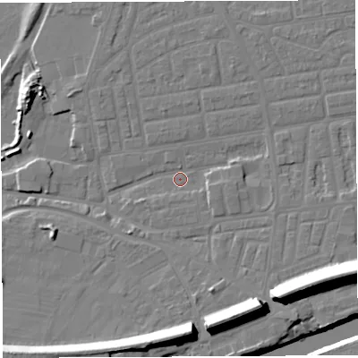 Shaded relief map of the ground around WA41PW, computed from Environment Agency LiDAR. The ground here sits at about 9 m above sea level and falls 21 m across the surrounding 800 m. Surface water reaching this point runs off ground lying to the east-south-east, 2.3 m higher.