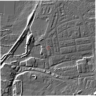 Shaded relief map of the ground around WA41QH, computed from Environment Agency LiDAR. The ground here sits at about 10 m above sea level and falls 17 m across the surrounding 800 m. Surface water reaching this point runs off ground lying to the north-west, 1.3 m higher.