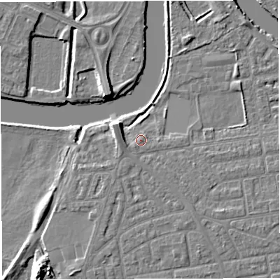 Shaded relief map of the ground around WA41RJ, computed from Environment Agency LiDAR. The ground here sits at about 9 m above sea level and falls 10 m across the surrounding 800 m. Surface water reaching this point runs off ground lying to the south-west, 0.9 m higher.