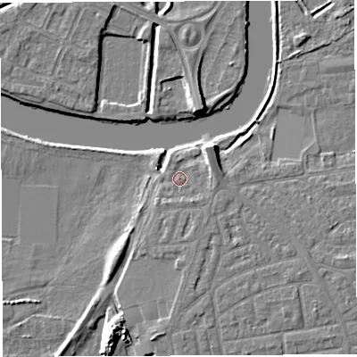 Shaded relief map of the ground around WA41RN, computed from Environment Agency LiDAR. The ground here sits at about 9 m above sea level and falls 10 m across the surrounding 800 m. Surface water reaching this point runs off ground lying to the south, 1.9 m higher.
