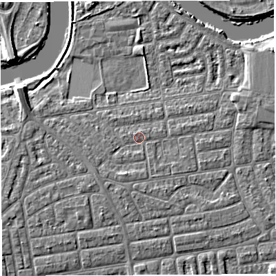 Shaded relief map of the ground around WA41RT, computed from Environment Agency LiDAR. The ground here sits at about 9 m above sea level and falls 6 m across the surrounding 800 m. Surface water reaching this point runs off ground lying to the south-west, 1.2 m higher.