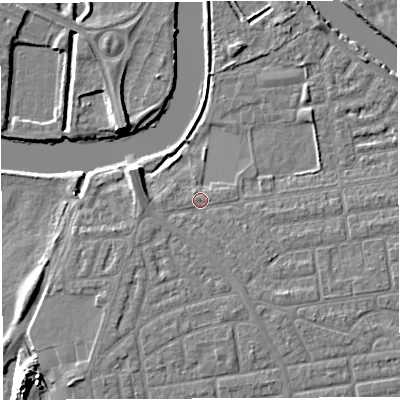 Shaded relief map of the ground around WA41RX, computed from Environment Agency LiDAR. The ground here sits at about 9 m above sea level and falls 10 m across the surrounding 800 m. Surface water reaching this point runs off ground lying to the south-east, 1.6 m higher.