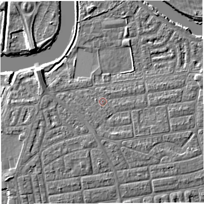 Shaded relief map of the ground around WA41RY, computed from Environment Agency LiDAR. The ground here sits at about 9 m above sea level and falls 6 m across the surrounding 800 m. Surface water reaching this point runs off ground lying to the south, 1.1 m higher.