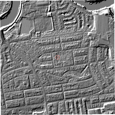Shaded relief map of the ground around WA41RZ, computed from Environment Agency LiDAR. The ground here sits at about 9 m above sea level and falls 6 m across the surrounding 800 m. Surface water reaching this point runs off ground lying to the south-south-west, 1.2 m higher.