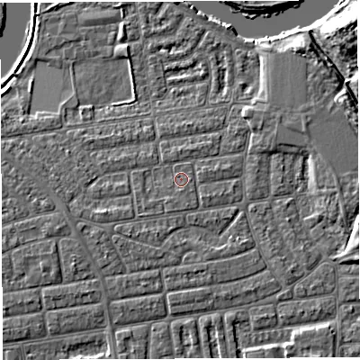 Shaded relief map of the ground around WA41SA, computed from Environment Agency LiDAR. The ground here sits at about 9 m above sea level and falls 7 m across the surrounding 800 m. Surface water reaching this point runs off ground lying to the south, 0.8 m higher.