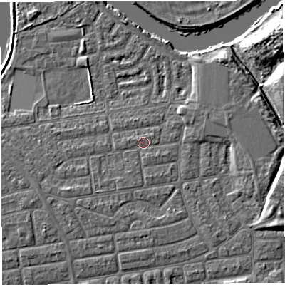 Shaded relief map of the ground around WA41SB, computed from Environment Agency LiDAR. The ground here sits at about 9 m above sea level and falls 8 m across the surrounding 800 m. Surface water reaching this point runs off ground lying to the south-south-west, 1.2 m higher.