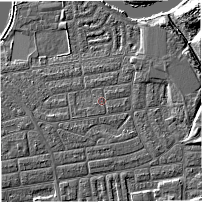 Shaded relief map of the ground around WA41SD, computed from Environment Agency LiDAR. The ground here sits at about 9 m above sea level and falls 7 m across the surrounding 800 m. Surface water reaching this point runs off ground lying to the south-west, 0.9 m higher.