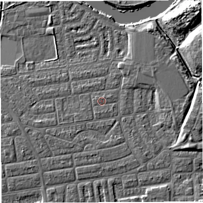 Shaded relief map of the ground around WA41SE, computed from Environment Agency LiDAR. The ground here sits at about 9 m above sea level and falls 9 m across the surrounding 800 m. Surface water reaching this point runs off ground lying to the south-south-west, 0.8 m higher.