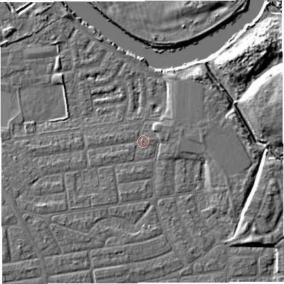 Shaded relief map of the ground around WA41SF, computed from Environment Agency LiDAR. The ground here sits at about 8 m above sea level and falls 10 m across the surrounding 800 m. Surface water reaching this point runs off ground lying to the west-south-west, 1.0 m higher.