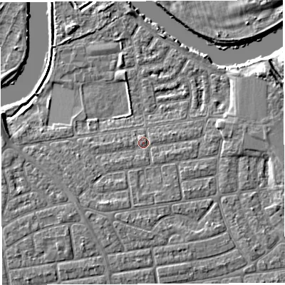 Shaded relief map of the ground around WA41SG, computed from Environment Agency LiDAR. The ground here sits at about 9 m above sea level and falls 6 m across the surrounding 800 m. Surface water reaching this point runs off ground lying to the south-south-west, 2.6 m higher.